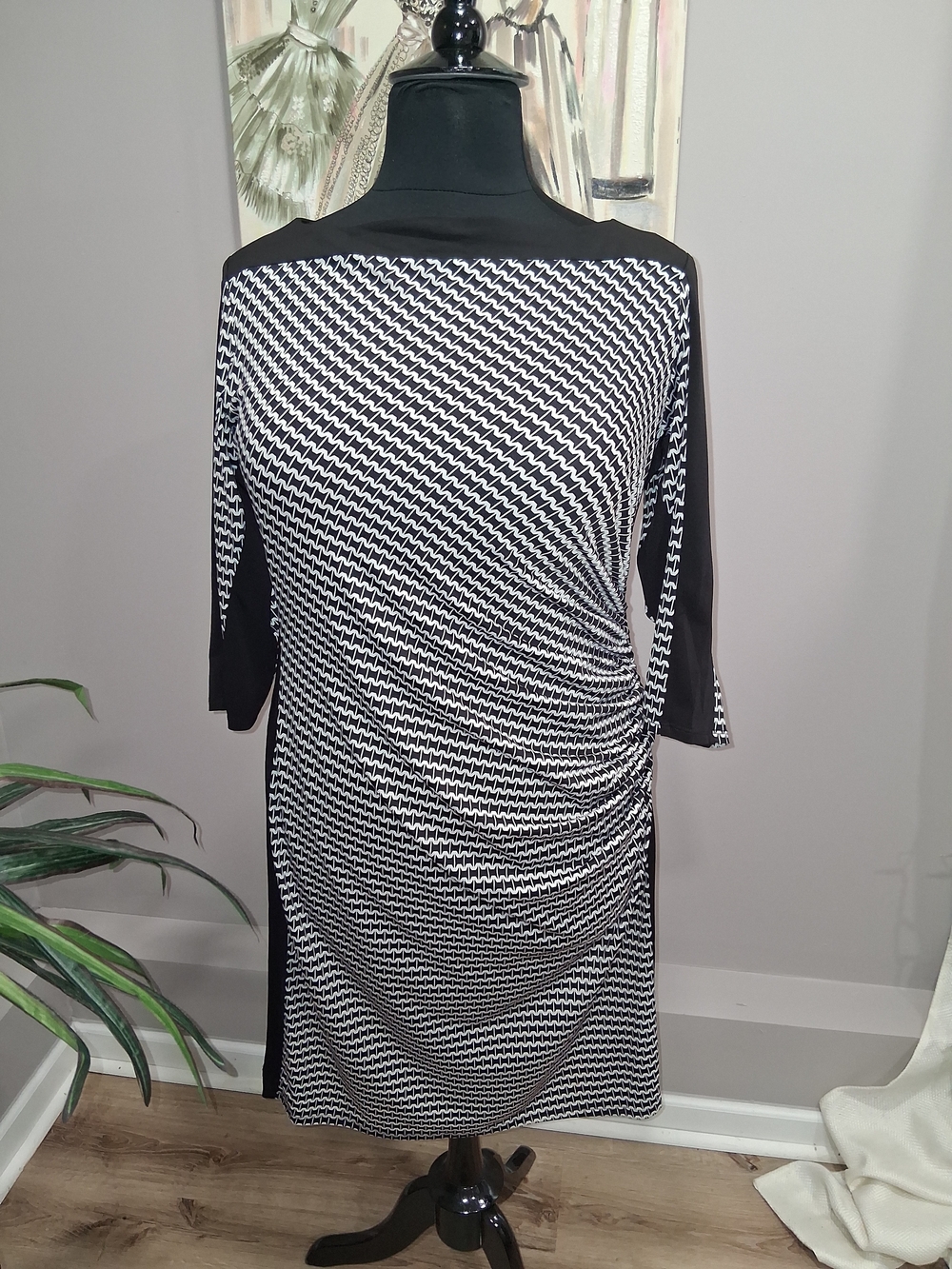 Shelby & Palmer Black and White Midi Ruched Boatneck Dress